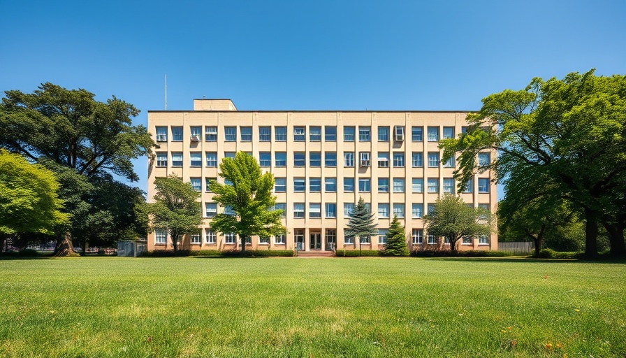 Large building with greenery, sunny day in Muskegon.
