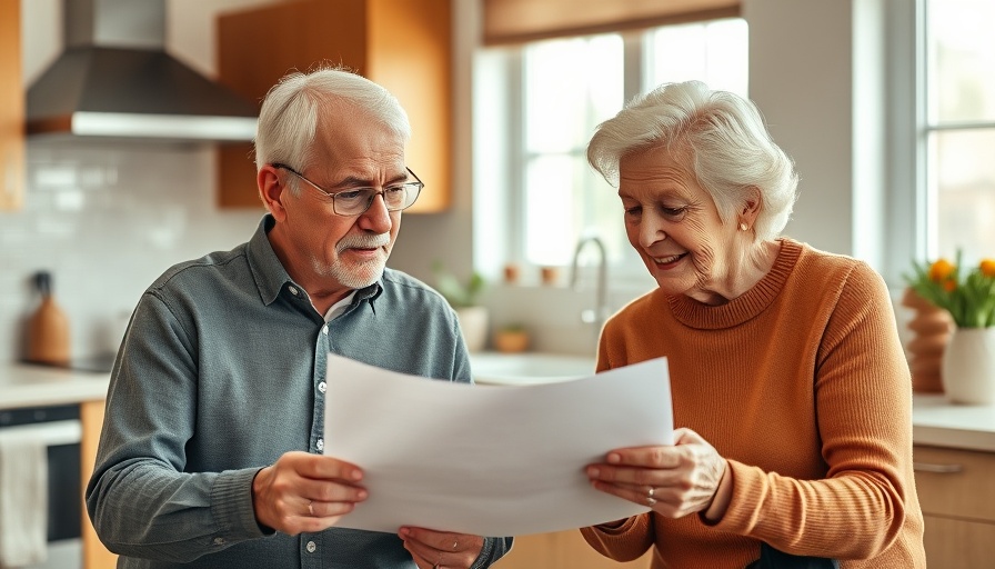 Older couple reviewing documents for financial planning services USA in kitchen.