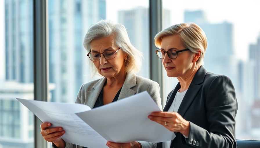 High-net-worth woman over 60 reviewing documents in modern office.