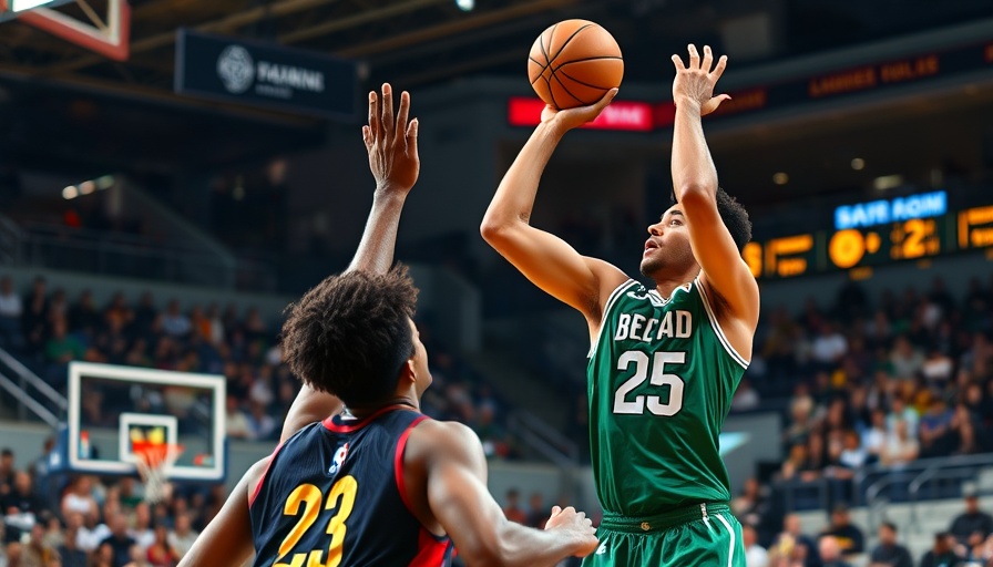 Intense basketball game action, player shooting over opponent.