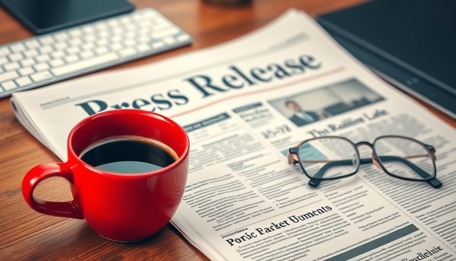 Press release newspaper with coffee cup and glasses on table.