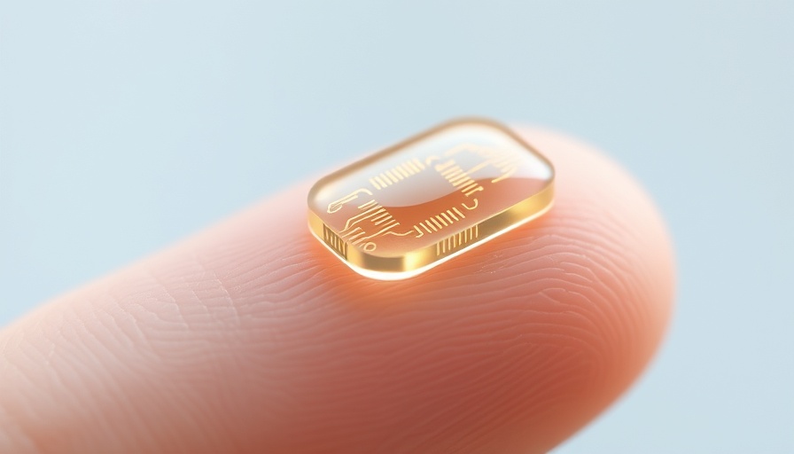 Close-up of fingertip with a gold electronic implant, brain implants that don’t leave scars.
