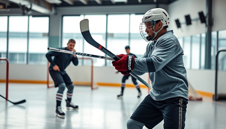 Hockey player practicing in sports facility demonstrating injury prevention techniques.