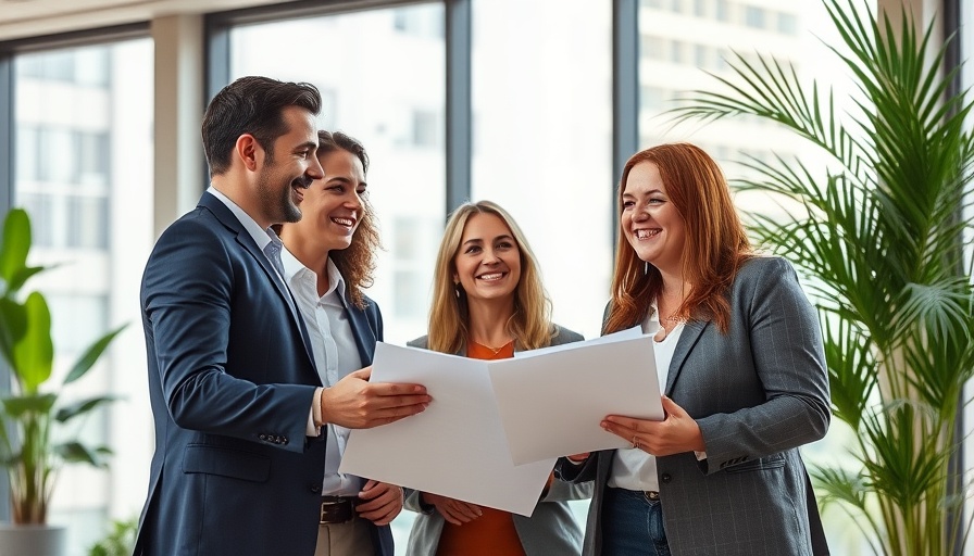 Professional team discussing strategies in bright modern workspace.