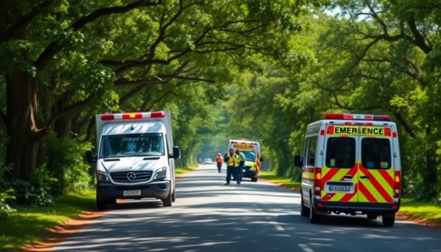Emergency vehicles on tree-lined road for safety operation.