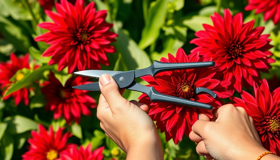 Pruning dahlias in a garden using shears, showing how to prune dahlias.