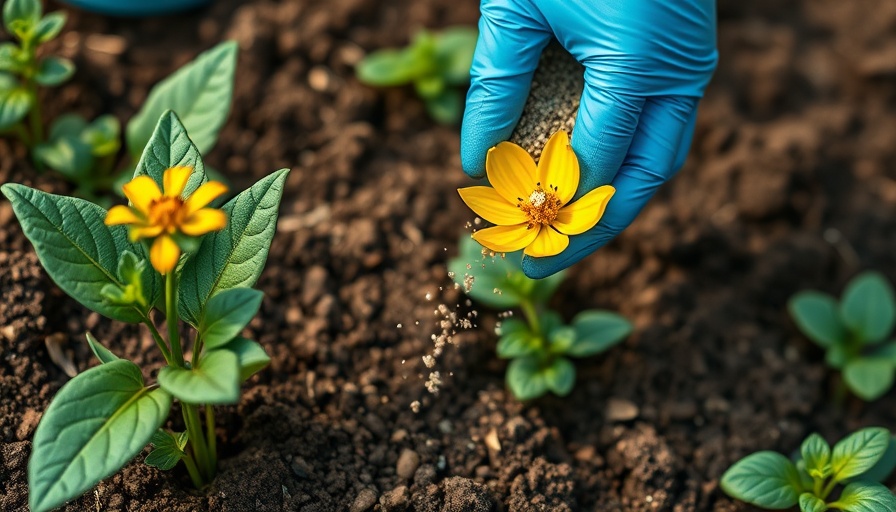 Hands in gloves fertilizing garden plants in August.