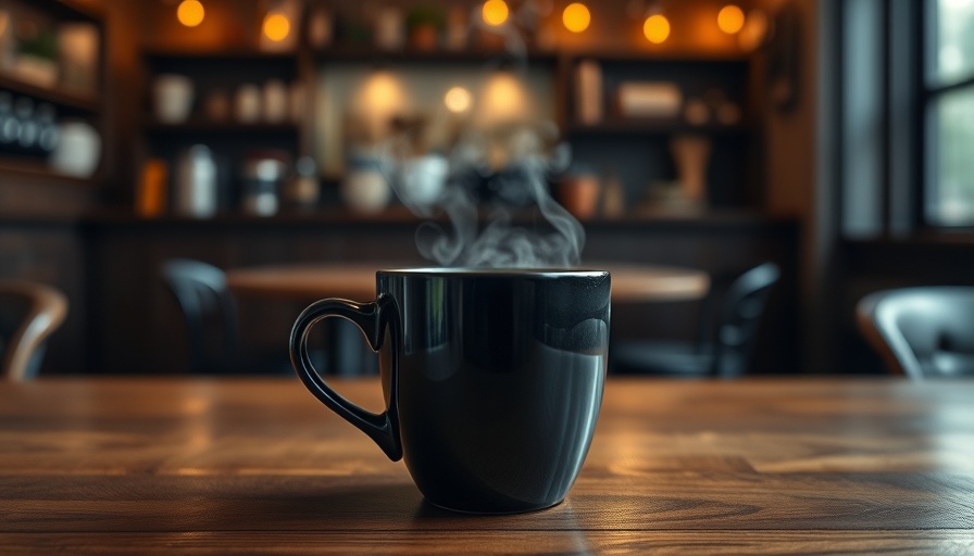 Steaming black coffee cup on rustic table with cozy ambiance.
