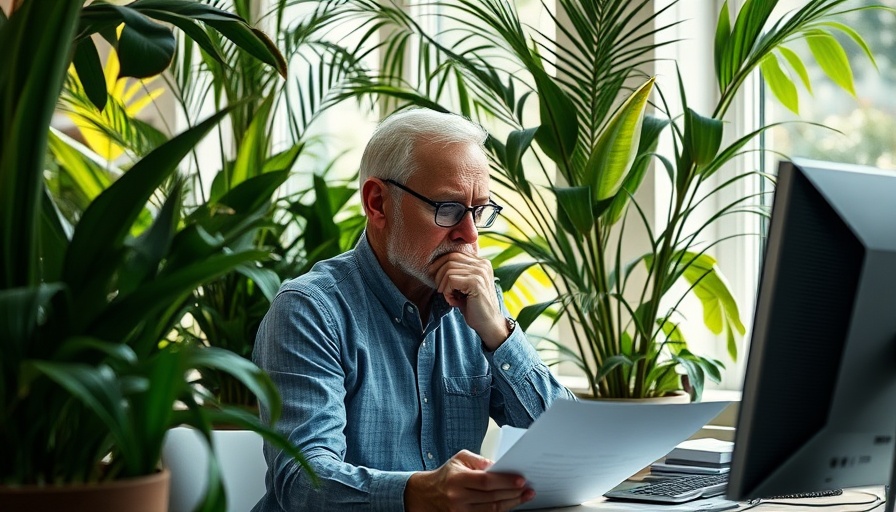Older man considering documents in plant-filled office, bright setting for when to apply for Social Security Muskegon.