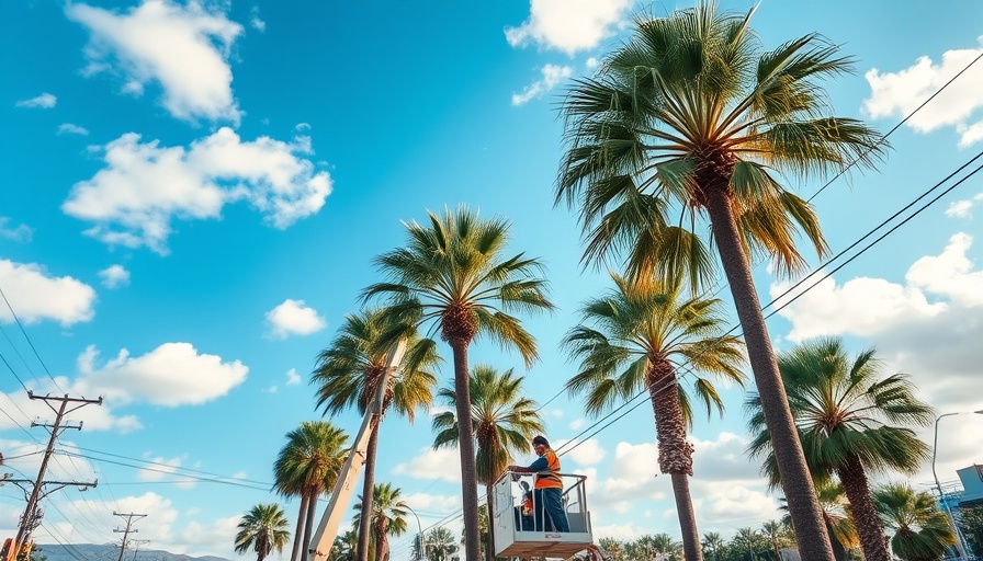 Worker trimming palm trees for year-round tree care during hurricane season.