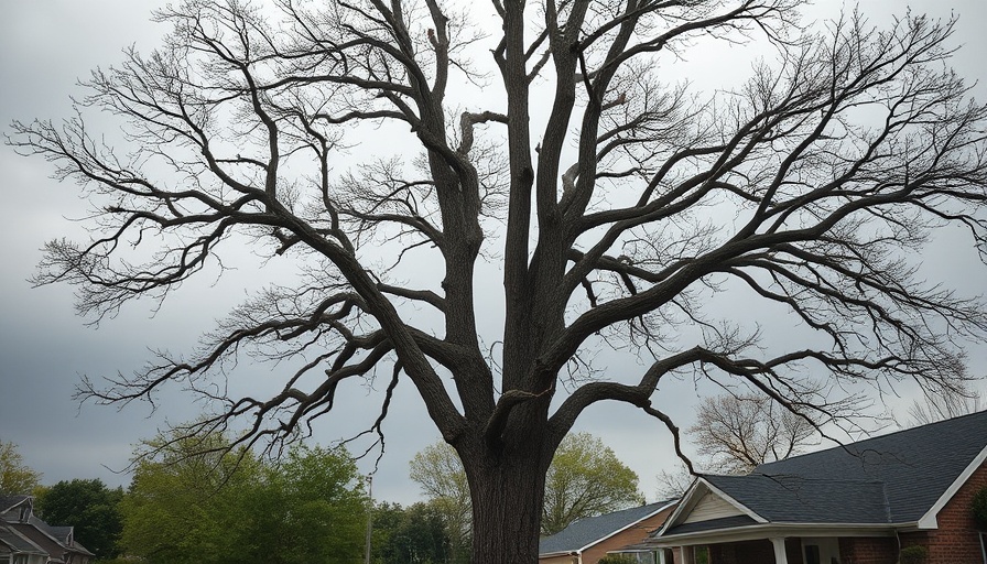 Tree care workshop after derecho; tall damaged tree, suburban background.