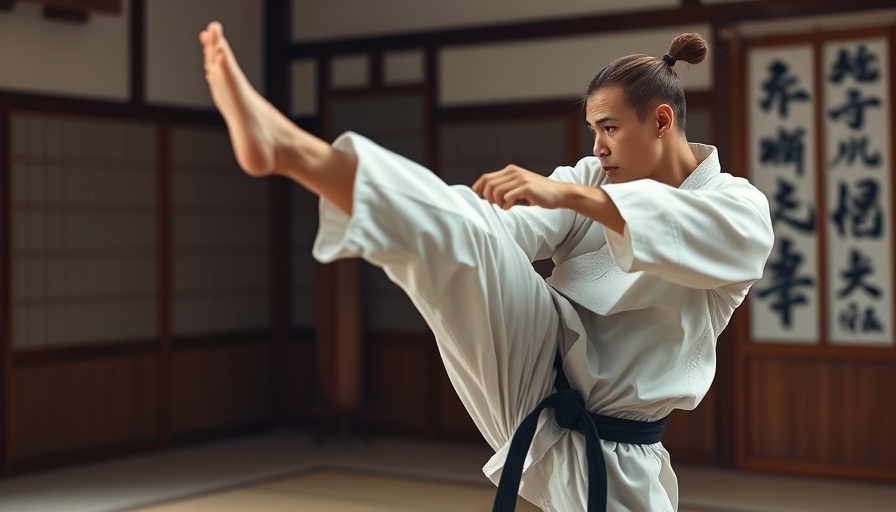 Martial artist in a dojo practicing traditional karate training.