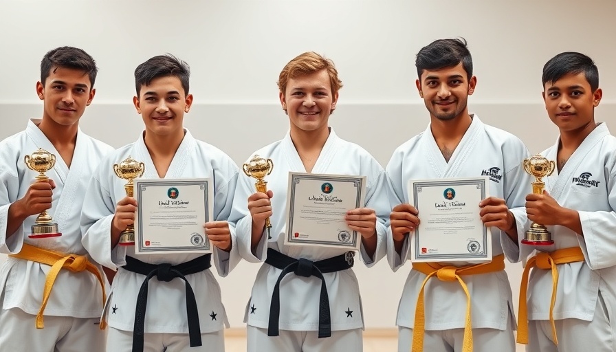 Karate champions in Mysuru showcasing trophies and certificates indoors.
