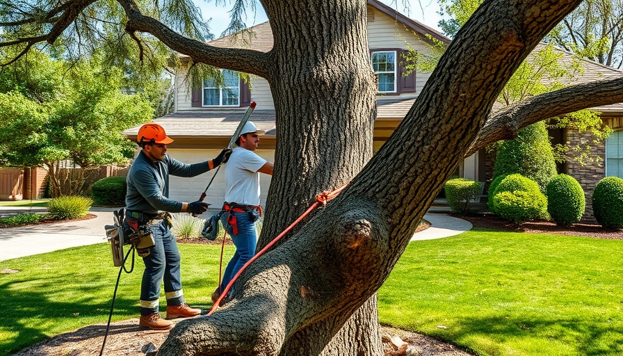 Local Tree Services workers cutting tree near suburban house.