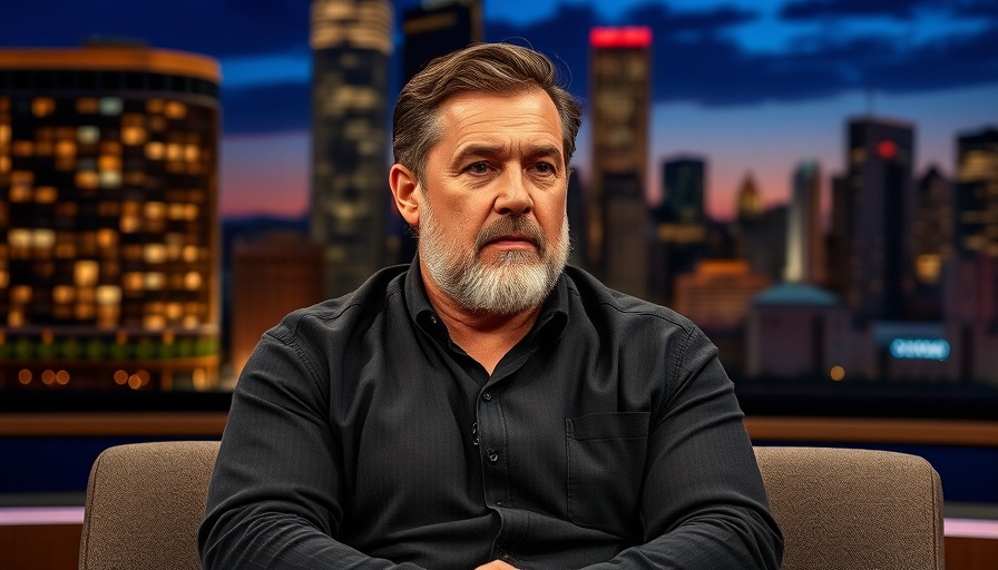 Middle-aged man seated on TV set with cityscape background.