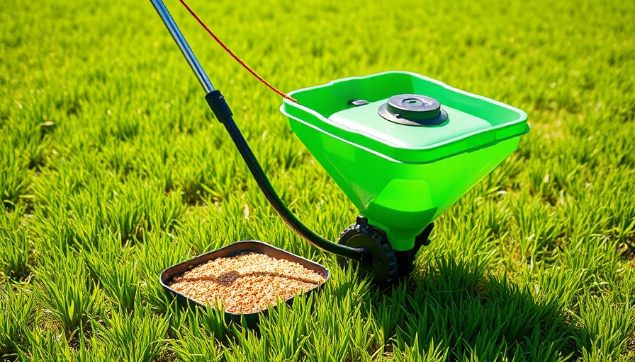 Best lawn fertilizer spreader in action on a green lawn.