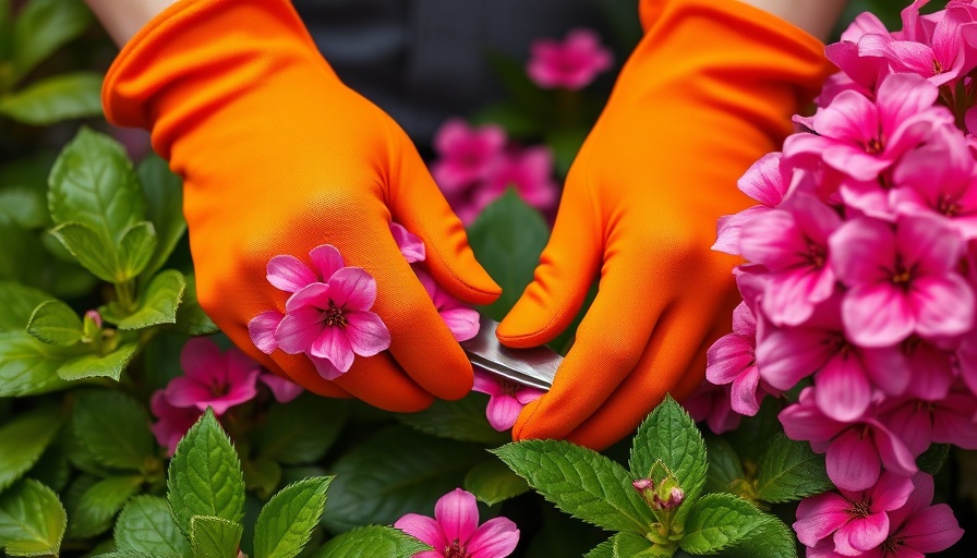 Gloved hand trimming pink flowers, fall garden reset tasks.