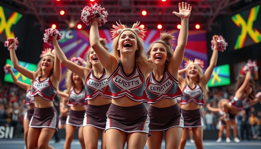 Cheerleaders performing stunts, vibrant competition setting.