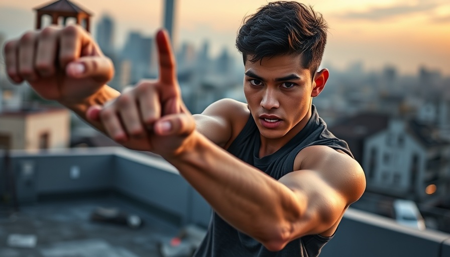 Young man performing martial arts on rooftop, related to Karate Kid Legends Netflix streaming.