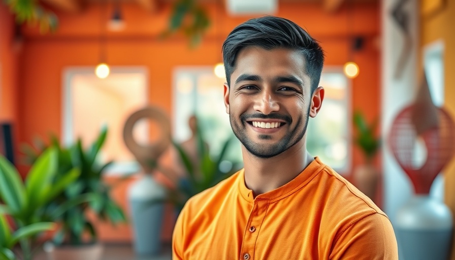 Man in an orange shirt smiling in a vibrant studio. Full-service tree care.