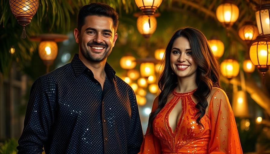 Reality TV hosts in sequined outfits at tropical event.