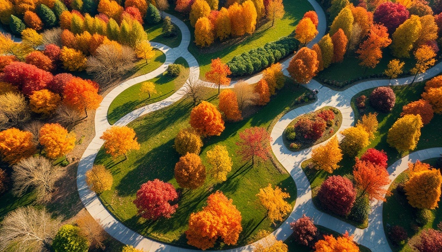 Aerial view of park showcasing sustainable landscaping practices with autumn foliage.