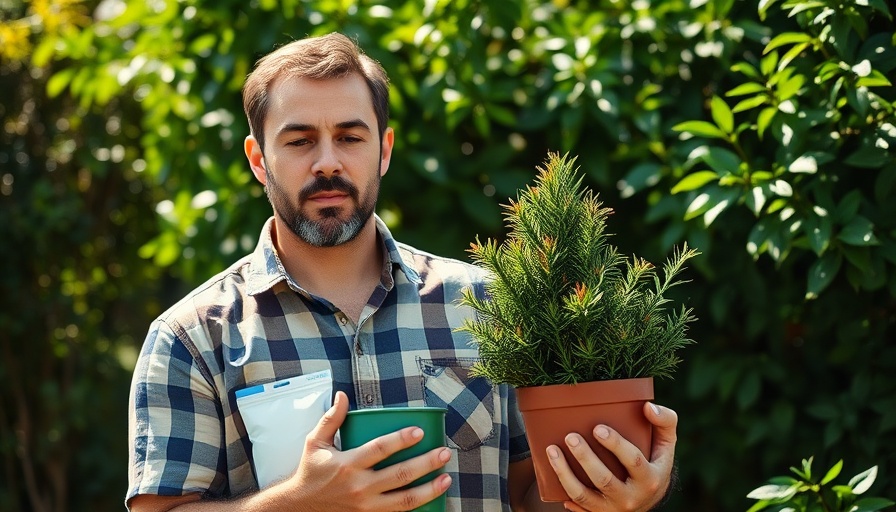 Gardener fertilizing plants in August with a potted evergreen and fertilizer.