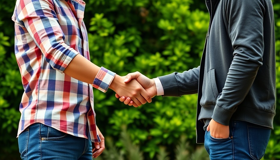 Lawn care services in New Hampshire agreement handshake in greenery.