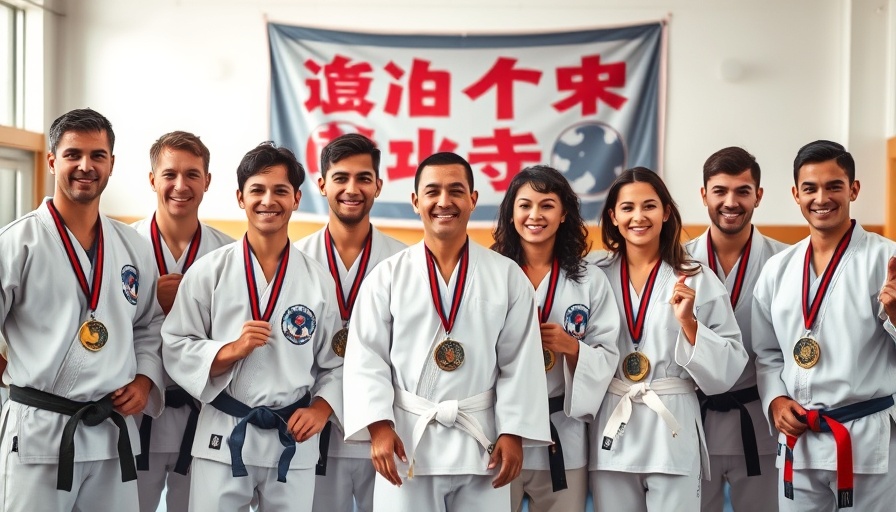 Group of martial arts students with medals in training gym Gurnee.