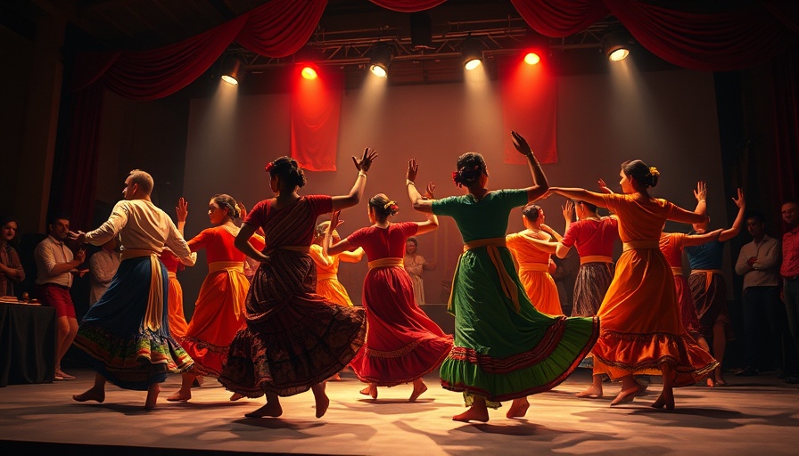 Vibrant cultural performance in a hall with stage lighting.
