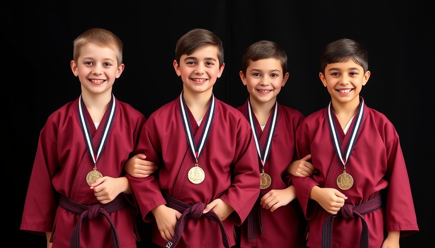 Smiling young karate students in maroon uniforms at Karate lessons Gurnee.