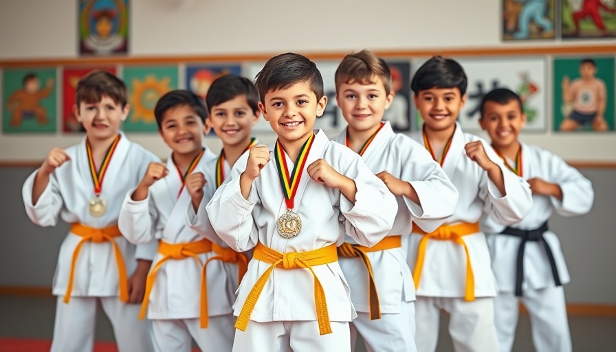 Karate students with medals in Gurnee dojo, vibrant background.