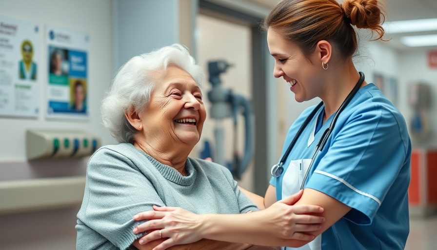 AI in Senior Care: Nurse warmly interacting with elderly woman.