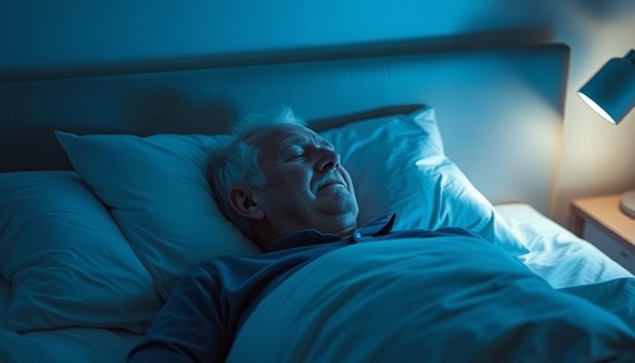 Elderly man using AI sleep solutions, relaxed in bed.