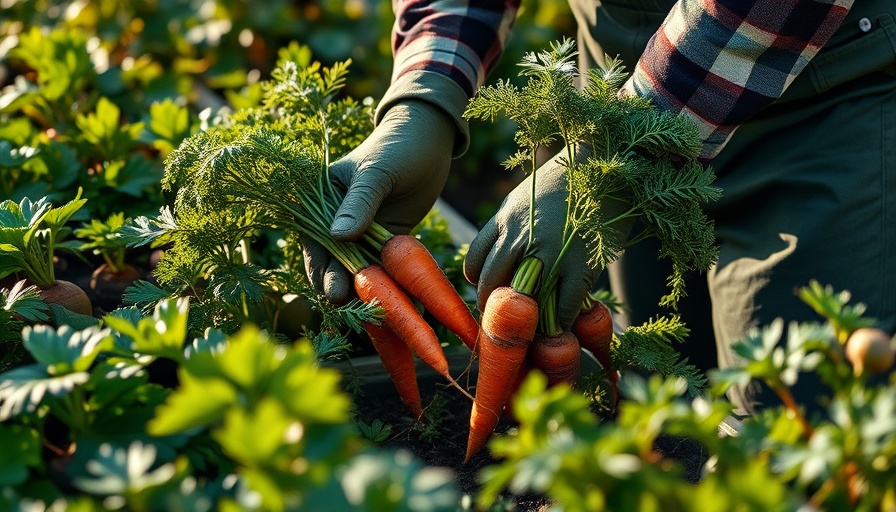 Gardener harvesting carrots and beets in a shaded garden, healthy growth.
