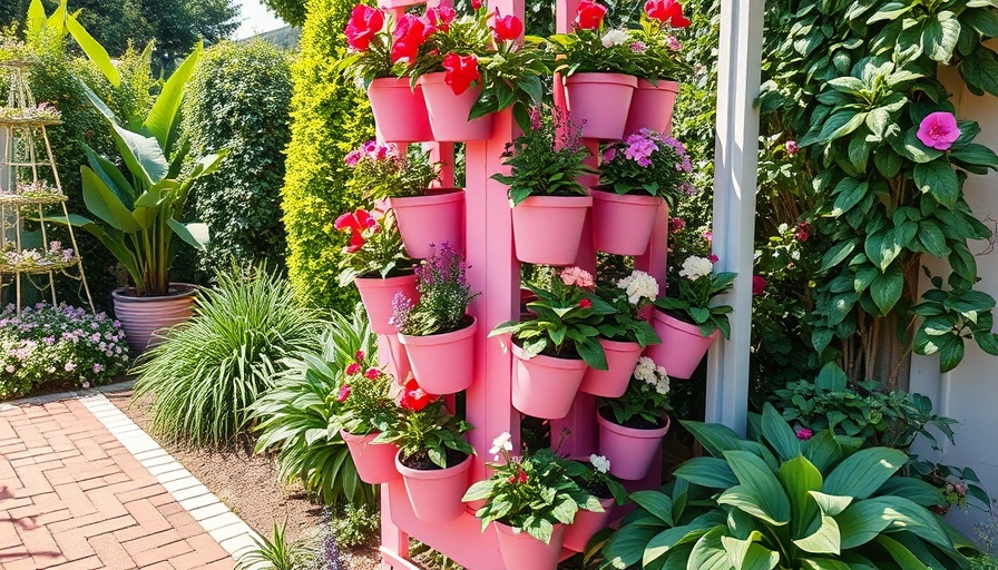 Vertical gardening system with pink pots and vibrant flowers outdoors.