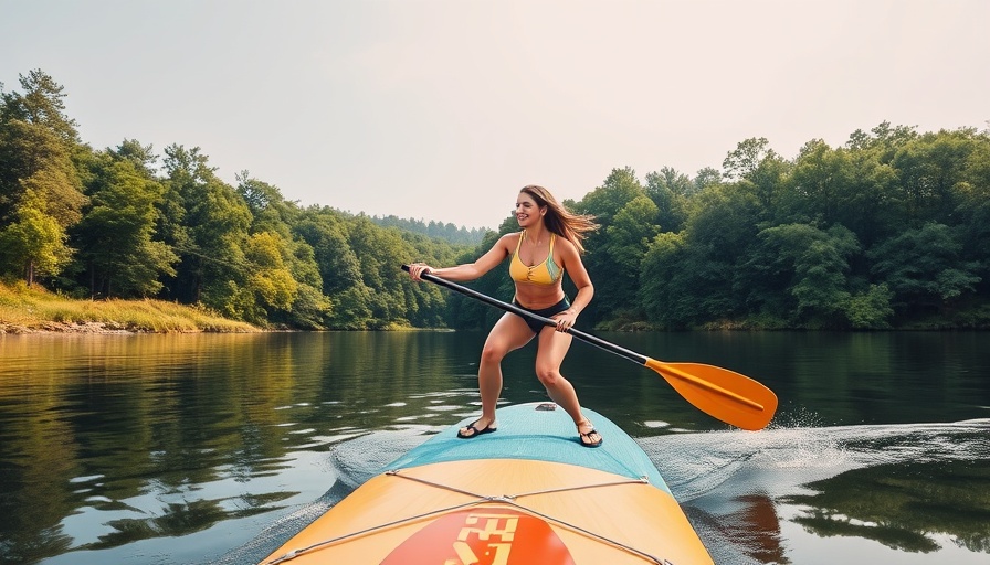 Young woman paddleboarding for water safety and self-defense practice.
