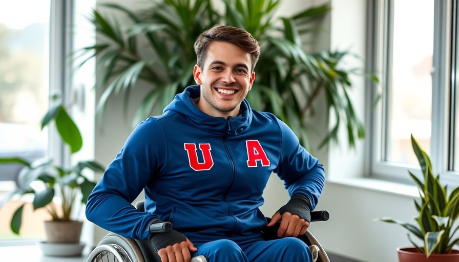 Confident male wheelchair athlete with USA tracksuit, smiling indoors.