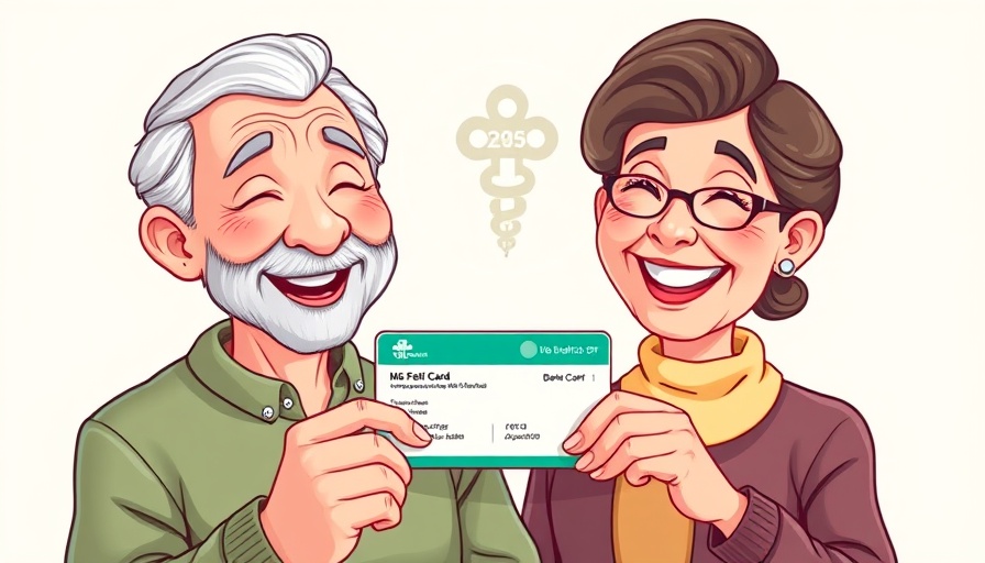 Illustration of smiling senior couple holding benefits card