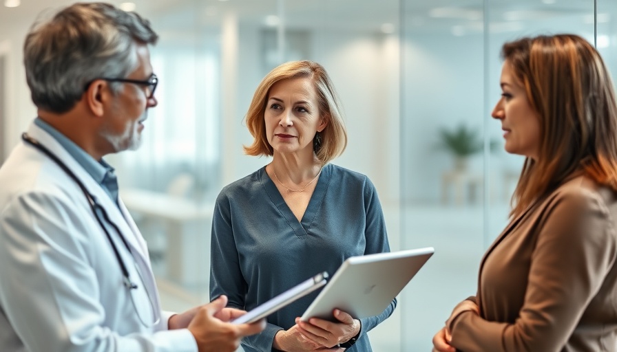 Middle-aged woman consulting a doctor with a tablet in a modern office.