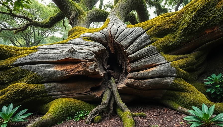 Tree collapse impact with visible roots and foliage.