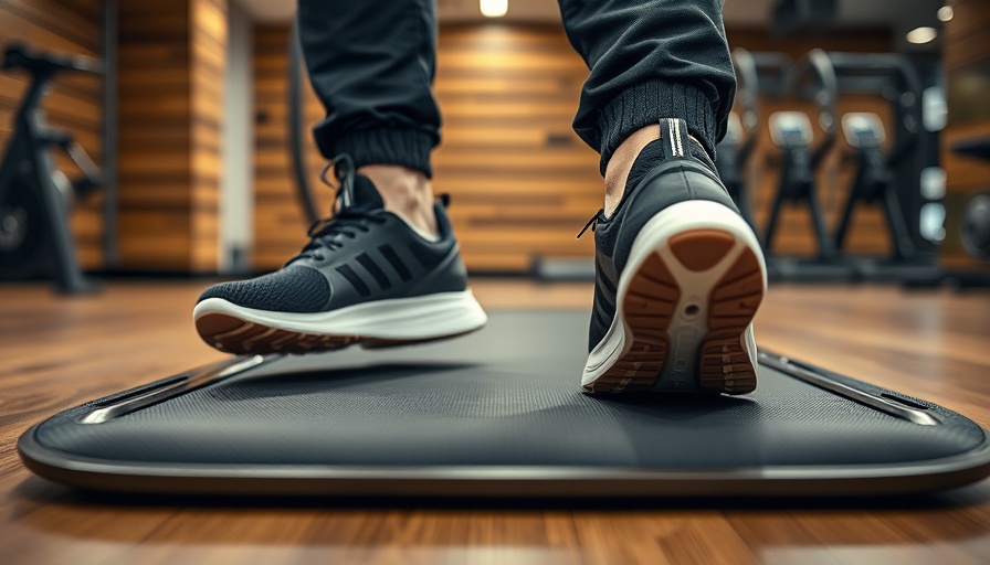 Athletic shoes on a walking pad in a gym