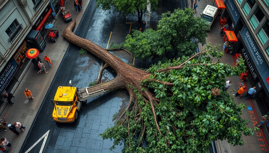 Tree care is an urgent necessity: Fallen tree blocks street as workers and bystanders watch.