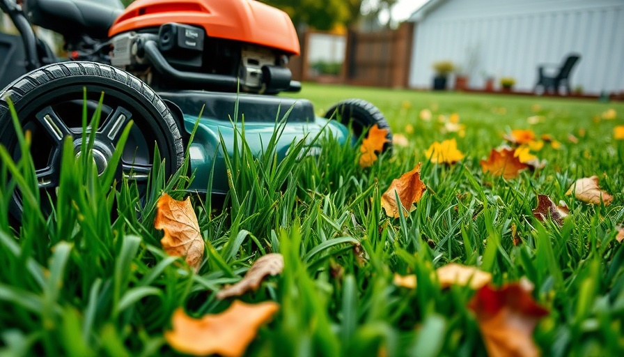 Lawn mower trimming grass with autumn leaves, lawn care services.