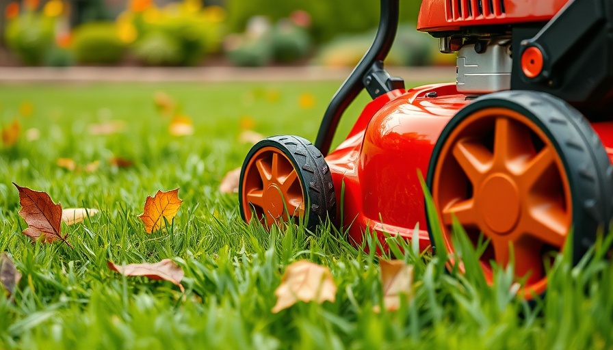Lawn mower cutting green grass with autumn leaves in sunlight.