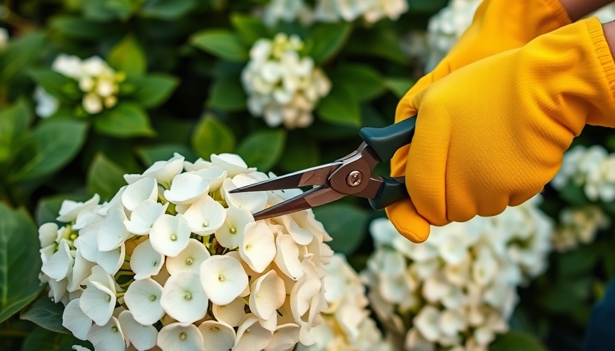 Pruning hydrangeas with yellow gloves, avoid in August.