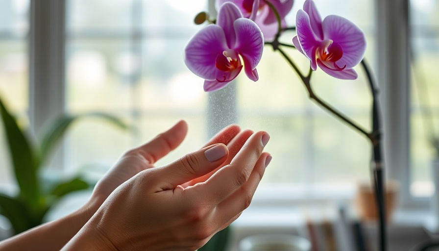 Hands misting vibrant orchids indoors, highlighting plants that love being misted.