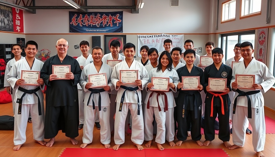 Martial arts students in Grapevine celebrate achievements holding certificates.