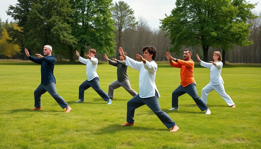 Latvian students studying Tai Chi in a peaceful outdoor setting.