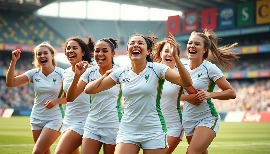 Women's rugby players celebrating on the field, vibrant sports scene.